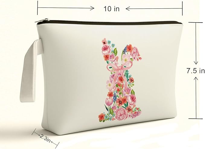Pink Easter Makeup Bag - Watercolor Floral Easter Bunny Makeup Bag, Watercolor Floral Bunny Themed Gifts for Girls Mom Women, Cosmetic Travel Bags for Women