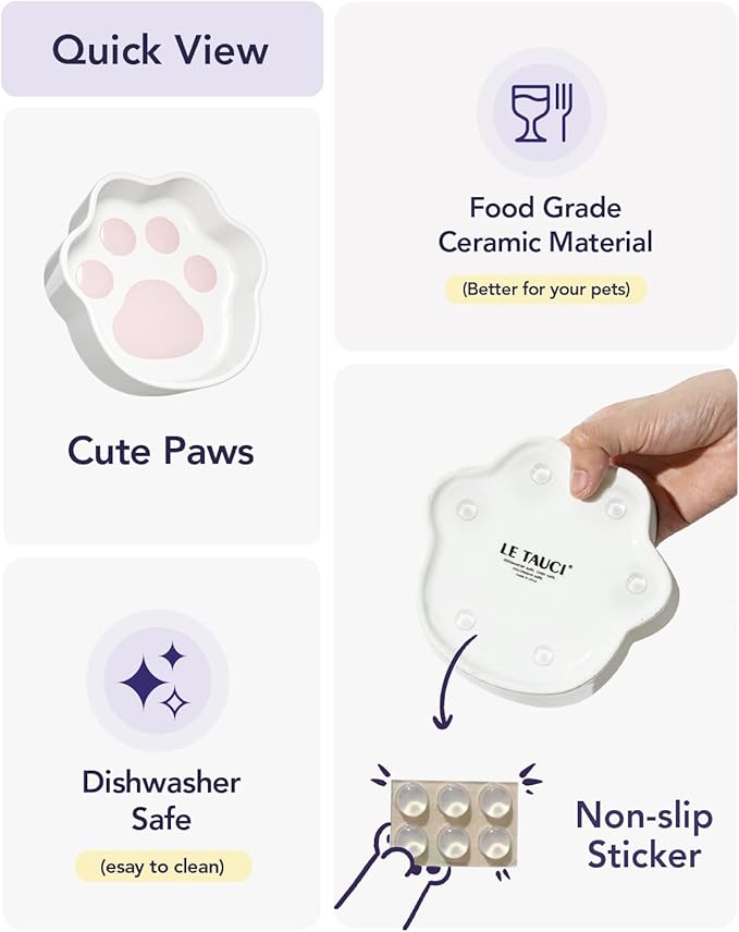LE TAUCI Cat Food Bowl Ceramic, 8 oz Small Shallow for Indoor Kitten,Relief Whisker Fatigue Cute Paw Design Pet Dish with Slow Feed Function
