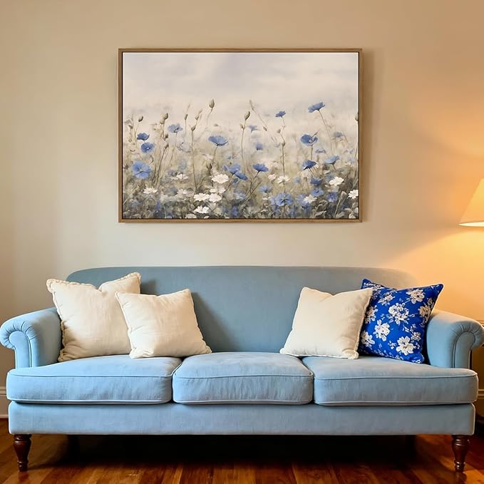 Vintage Floral Wall Art Blue White Flower Canvas Art Prints Wildflower Pictures Wall Decor Nature Landscape Oil Painting Framed Botanical Artwork for Girls Room Bedroom Farmhouse Decoration, 20''x28''