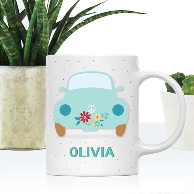 Andaz Press Personalized 11oz. Kids Hot Chocolate Mug, Hippie 1970s VW Aqua Bug, 1-Pack, Custom Child’s Birthday Christmas Coffee Cup