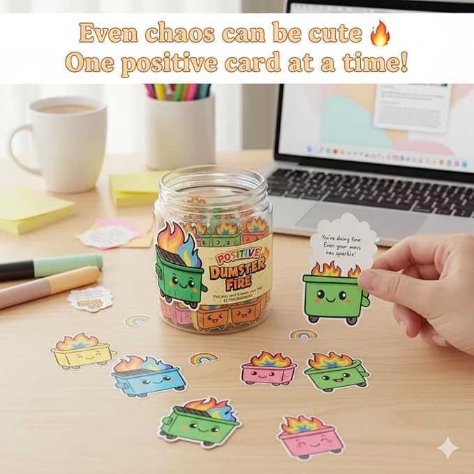 60 Positive Dumpster Fire Cards Jar, Affirmation Cards, Emotional Support, Gag Funny Dumpster Fire Desk Accessories - Zen Garden, Friends Coworkers Gifts for Women, Men