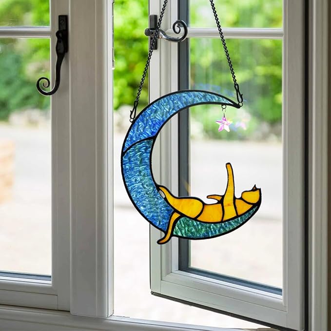 BOXCASA Handcrafted Orange Cat Moon Stained Glass for Cat Lovers,Crystal Prism Suncatchers for Windows Hanging, Mother's Day for Women, Wife, Mom