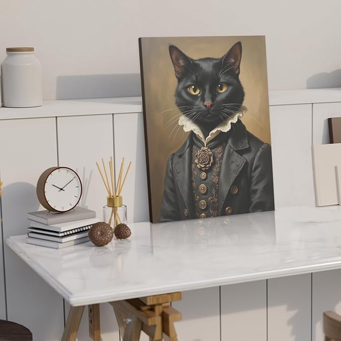 Aristocratic Cat Framed Canvas Wall Art, Mid - Century Dark Academia Decor Wall Painting, Cat Lover Gifts, Gothic Decor Aesthetic Poster for Home Living Room Bedroom, Halloween Cats Decorations