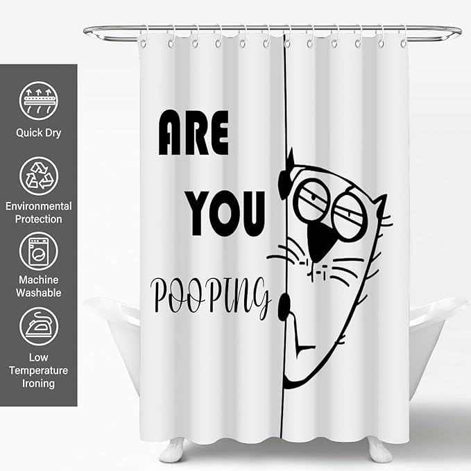 Humor White and Black are You Pooping Shower Curtain,Funny Silly Cat Shower Curtains,Novelty Waterproof Polyester Minimalism Bathroom Decor,72x72 in