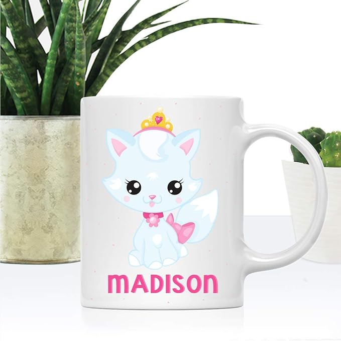 Andaz Press Personalized 11oz. Kids Milk Hot Chocolate Mug, Baby Blue Princess Cat, 1-Pack, Custom Child’s Birthday Christmas Coffee Cup
