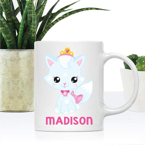 Andaz Press Personalized 11oz. Kids Milk Hot Chocolate Mug, Baby Blue Princess Cat, 1-Pack, Custom Child’s Birthday Christmas Coffee Cup