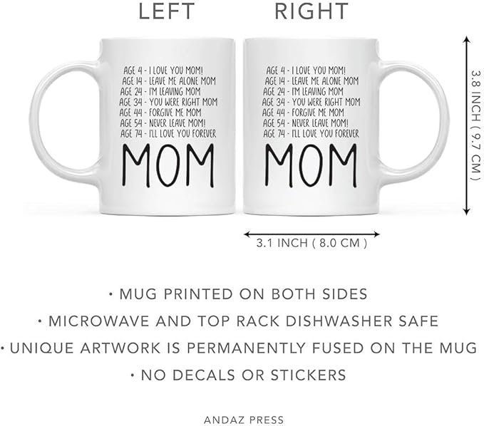 Andaz Press Mother's Day 11oz. Ceramic Coffee Tea Mug Gift for Mom, Ages and Moods, I'll love you forever Mom, 1-Pack, Birthday Christmas Gift Ideas