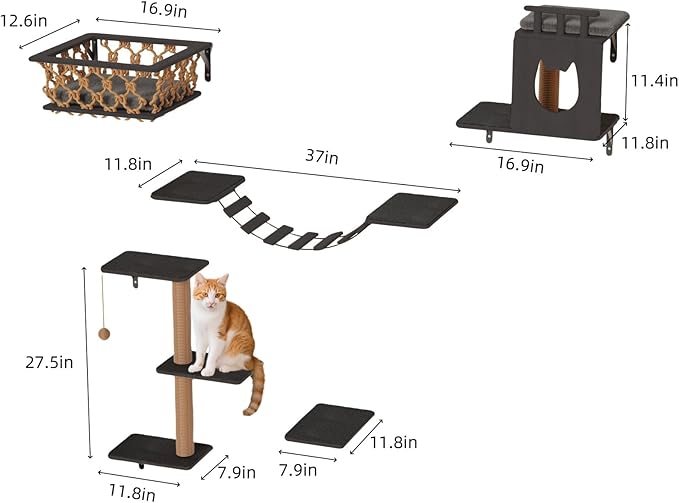 Cat Wall Shelves 5-Piece Set with Hammock, Wall-Mounted Cat Furniture Includes Cat Bridge, Condo, Ladder, Steps for Indoor Cats, Large Cats(Dark Gray)