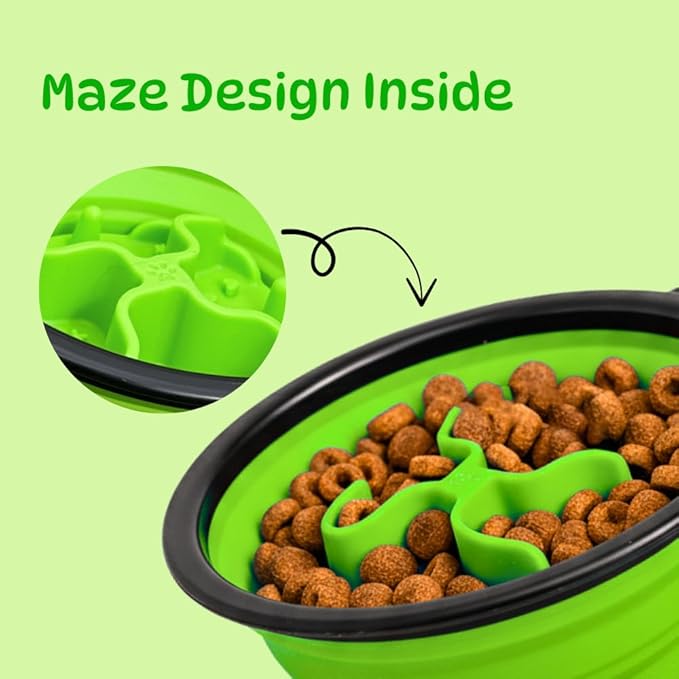 Collapsible Cat Bowl, Maze Design Pet Puzzle Feeder, 650ml Dog Slow Feeding Bowls, Dog Slow Feeder Bowl with Carabiner Portable BPA-Free Silicone Pet Bowls for Hiking,Travel, Camping - ColorGreen