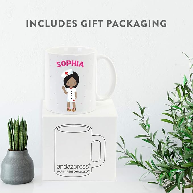 Andaz Press Personalized 11oz. Kids Milk Hot Chocolate Mug, Black Haired Girl Nurse, 1-Pack, Custom Child’s Birthday Christmas Coffee Cup