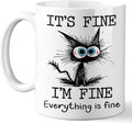 Funny Black Cat Coffee Cups, It’s Fine Everything is Fine, Christmas Birthday Gifts for Cat Lovers, Funny Coffee Mug for Women, Men, Humor Office Mug, 11 Oz Ceramic Coffee Mugs