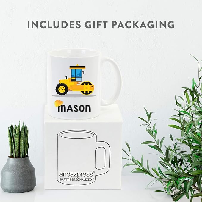 Andaz Press Personalized 11oz. Kids Hot Chocolate Mug, Yellow Construction Truck Road Roller, 1-Pack, Custom Child’s Birthday Christmas Coffee Cup