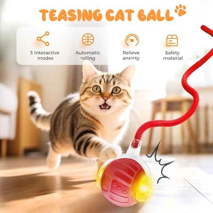 Interactive Cat Toy Balls, 2025 New Interactive Rolling Cat Balls, Upgrade 3.0 Tail Cat‘s Toys with LED Light, Three Modes Smart Automatic Rolling Pet Ball Toy (RED-2)