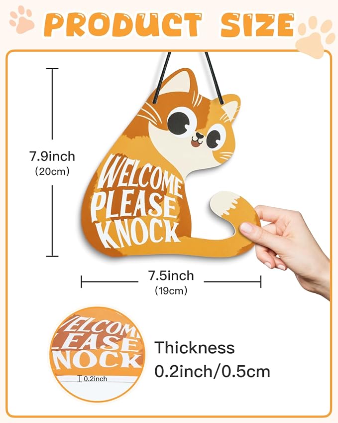 Putuo Decor Do Not Disturb Sign Welcome Please Knock, Cute Cat Door Sign Decor Reversible Double Sided Aesthetic Hanger Plaque for Room Front Door Porch Home Decor, Cat Lover Gifts Orange