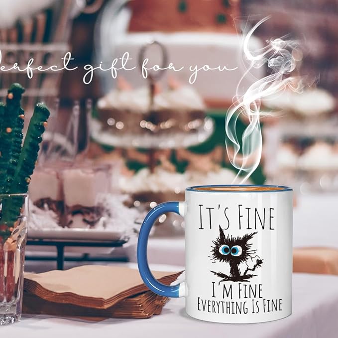 FALJIOK Funny Cat Coffee Mug Gifts for Cats Lover, It's Fine I'm Fine Everything Is Fines Coffee Mug 11oz, Novelty Mugs Gift for Women Man, Cats Lover Birthday Christmas Gifts (blue cat)
