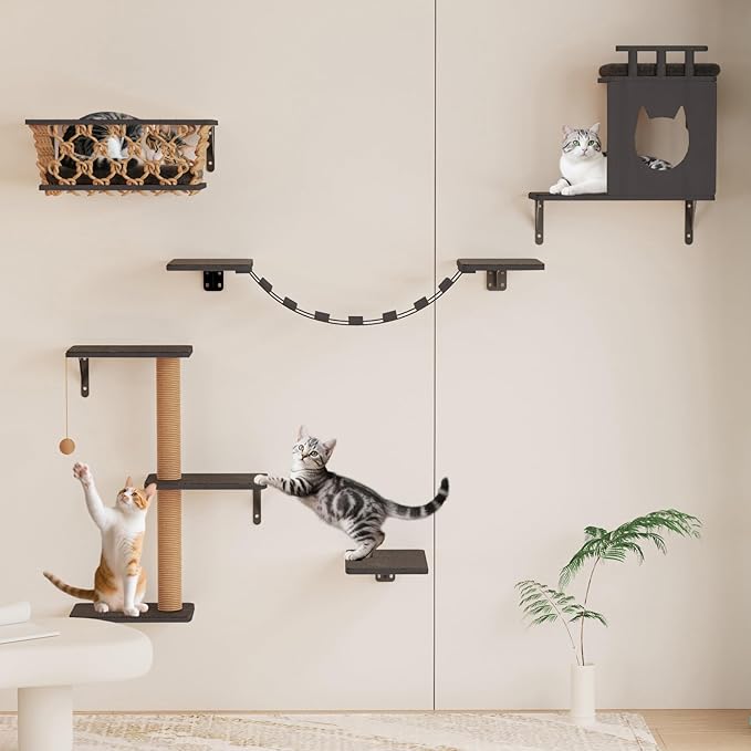Cat Wall Shelves 5-Piece Set with Hammock, Wall-Mounted Cat Furniture Includes Cat Bridge, Condo, Ladder, Steps for Indoor Cats, Large Cats(Dark Gray)