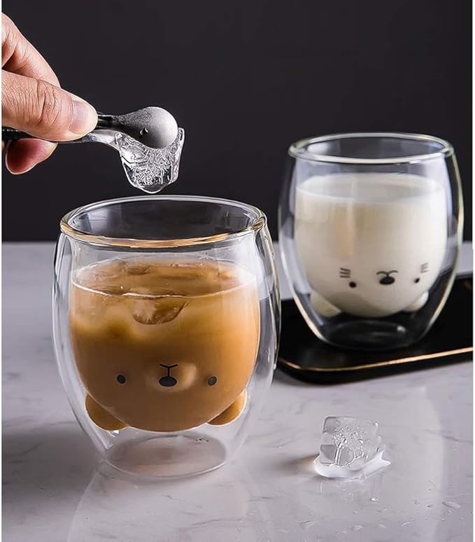 Binoster Bear Cute Mugs Kawaii Double Wall Glass Coffee Tea Mill Yogurt Cup Funny Novelty Gift for Women Her Friends Office Birthday Christmas
