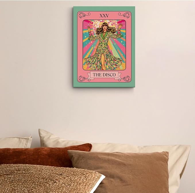 The Disco Tarot Card Wall Art, Dazzling Disco Ball Poster Trendy Canvas Framed Painting Room Decor, Vintage Dancing Queen Prints for Bar Cart Living Room Bedroom Decoration 15x11.4 inch