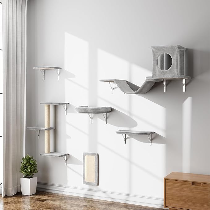 NUNU LAB Cat Wall Shelves, 6 Pcs Luxury Wall-Mounted Cat Climber Set, Indoor Cat Furniture with 1 Condos House, 2 Cat Wall Shelves, 1 Scratching, 1 Bridge Ladder, 1 Scratching Pad, Gray