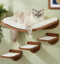 Cat Wall Shelves, Walnut Finish – Floating Cat Furniture with Curved Bed & Steps | Modern Minimalist Wood Climbing Shelves Set of 4 for Indoor Cats, Sturdy Wall-Mounted Design