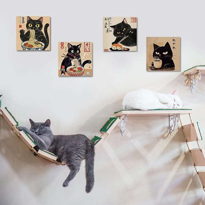 4 PCs Kawaii Japanese Ramen Cats Canvas Wall Art Framed Wall Decor, Cat Lover Gifts, Cat Themed Gifts Art Prints Paintings, Pictures Home Decor for Kithchen Dining Room Bedroom Farmhouse