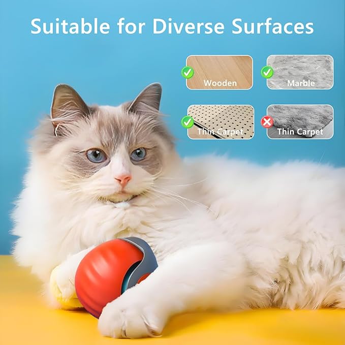 Automatic Cat Ball Toy with 2 Feather Tails - Rechargeable Interactive Cat Toys, 2-Speed Motion Activated Roller for Indoor Cats to Relieve Boredom (Small/Medium/Large Cats) (Orange)