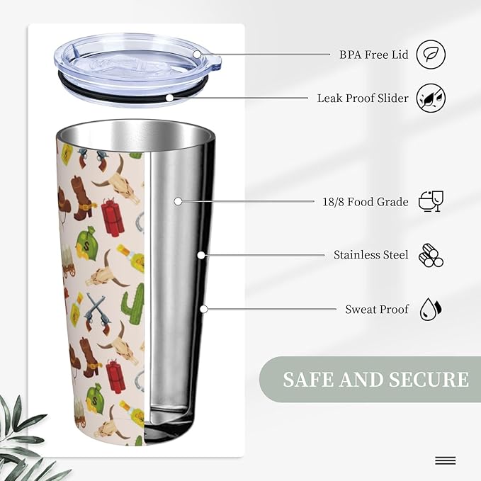 Western Tumbler 20oz Boho Western Stainless Steel Insulated Tumblers with Lid and Straw Beige Travel Coffee Mug Tea Wine Cups Water Bottle Gifts for Women