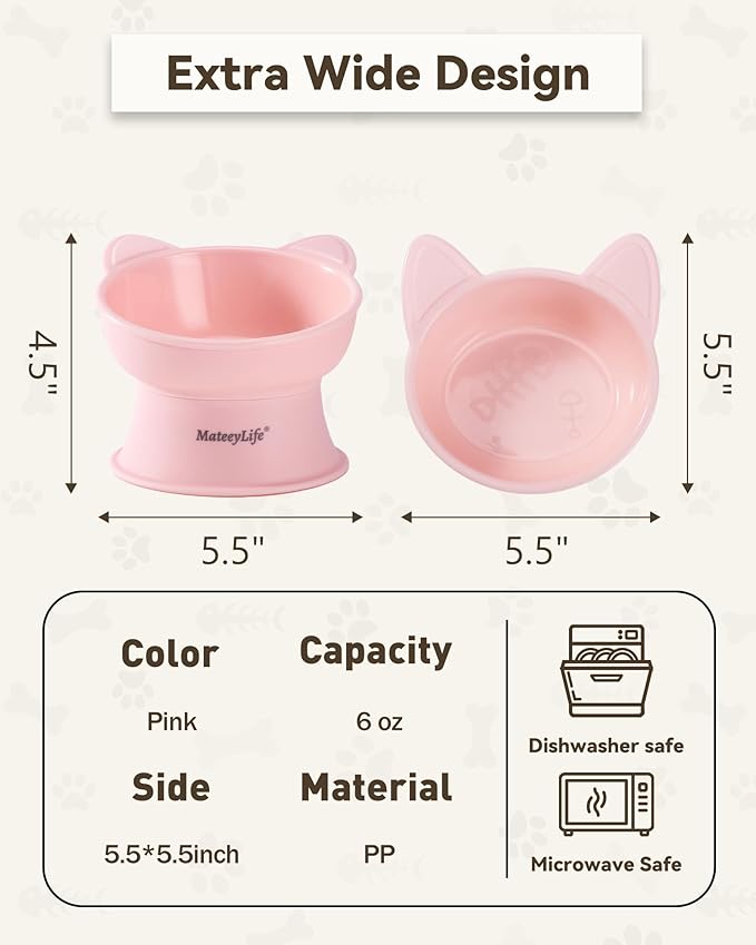 MateeyLife Elevated Cat Bowls, 2P Raised Food and Water Bowl Set for Indoor Cats & Small Dogs, Whisker Fatigue Cat Bowl, Anti Vomit Feeding Pet Bowls, 6 oz Each, Dishwasher Safe - Pink & Green