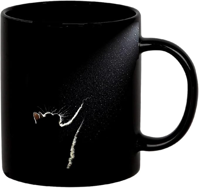 Black Cat Coffee Mug – 11oz Black Ceramic Mug with Artistic Light Silhouette Design, Minimalist Aesthetic Cat Lover Gift for Home Office, Tea & Coffee Cup