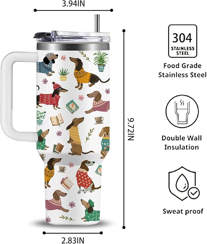 40oz Dachshund Tumbler with Handle and Straws, Leak-proof, Stainless Steel Insulated Travel Coffee Mug for Dachshund Lovers, Wiener Dog Enthusiasts Gifts for Women Men, Dachshunds Mom Dad Birthday Cup