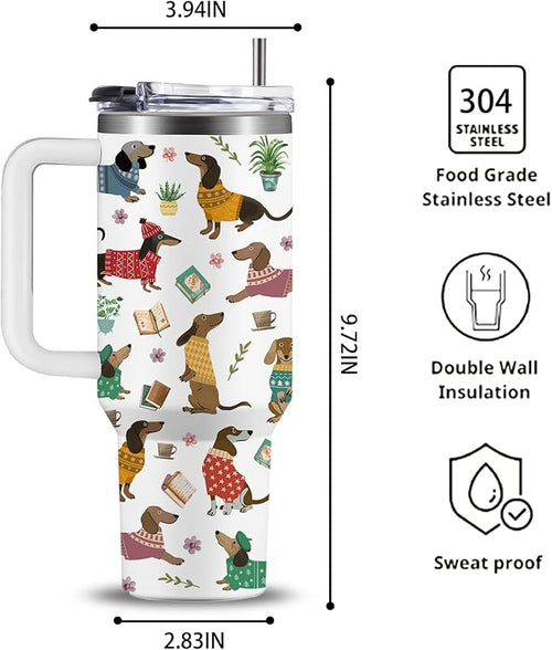 40oz Dachshund Tumbler with Handle and Straws, Leak-proof, Stainless Steel Insulated Travel Coffee Mug for Dachshund Lovers, Wiener Dog Enthusiasts Gifts for Women Men, Dachshunds Mom Dad Birthday Cup