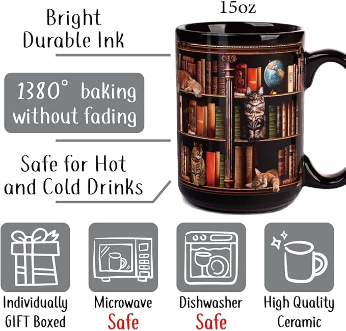 Cat Book Mug Gifts for Book Lovers, Book Lover Bookish Gifts for Readers Bookworm Women 15oz, Library Bookshelf Mug, Bookish Gifts for Librarian, Birthday Gift Idea for Cat Lovers