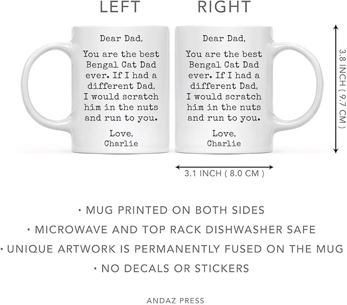 Andaz Press Personalized Funny Dad 11oz. Coffee Mug Gag Gift, Best Bengal Cat Dad, Scratch in Nuts and Run to You, 1-Pack, Custom Cat Lover's Christmas Birthday Ideas, Includes Gift Box