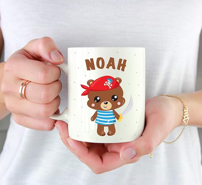 Andaz Press Personalized 11oz. Kids Milk Hot Chocolate Mug, Bear Pirate Red Scarf, 1-Pack, Custom Child’s Birthday Christmas Coffee Cup