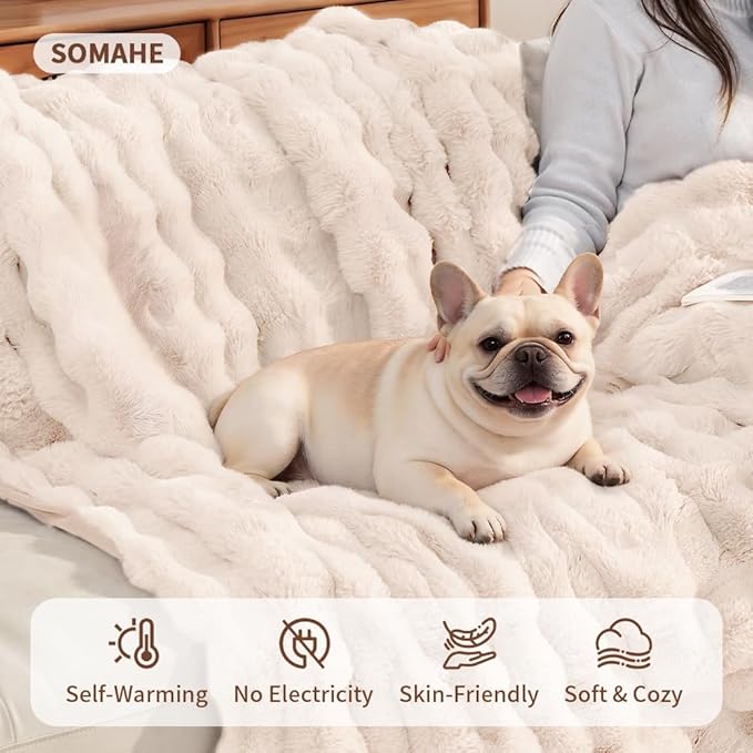 SOMAHE Self-Warming Cat Blanket for Indoor Cats & Small Dogs, Dual-Side Sherpa Plush Throw, Anti-Static Shared Couch Mat for Crate & Travel, Machine Washable No Shrink, 28x22 Inch White