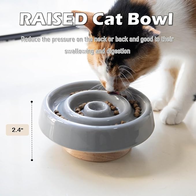 Ceramic Cat Slow Feeder, Raised Slow Feeder Cat Bowl, Anti Vomiting and Whisker Friendly Kitty Dish, Elevated Puppy Kitten Bowl for Dry and Wet Food (Gray)