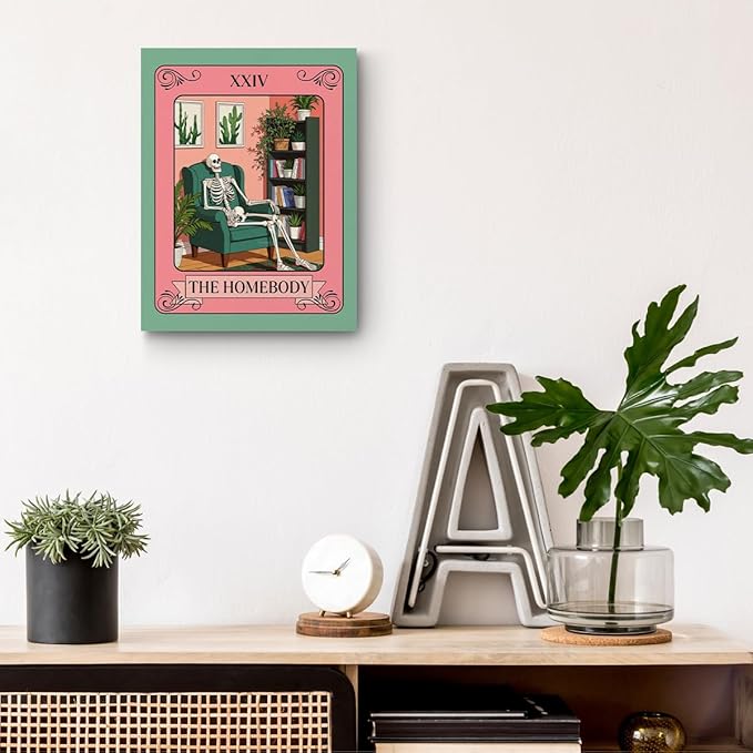 The Homebody Tarot Card Wall Art, Funny Skeleton Gothic Posters, Vintage Botanical Framed Canvas Prints Whimsical Decor, Books Poster for Living Room Entryway Book Shelf Bedroom 15x11.4 inch