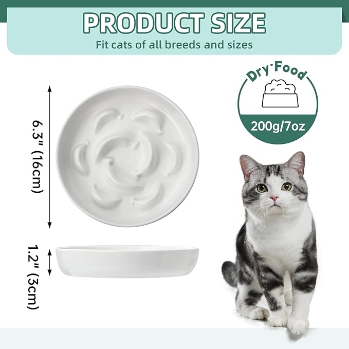 Cat Slow Feeder Bowl Set - 2 Pcs Ceramic Cat Food Plates for Slow Eating - Double Cat Dish for Dry Wet Food - Slow Feeding Cat Bowls Whisker Friendly - Microwave and Dishwasher Safe - White and Blue