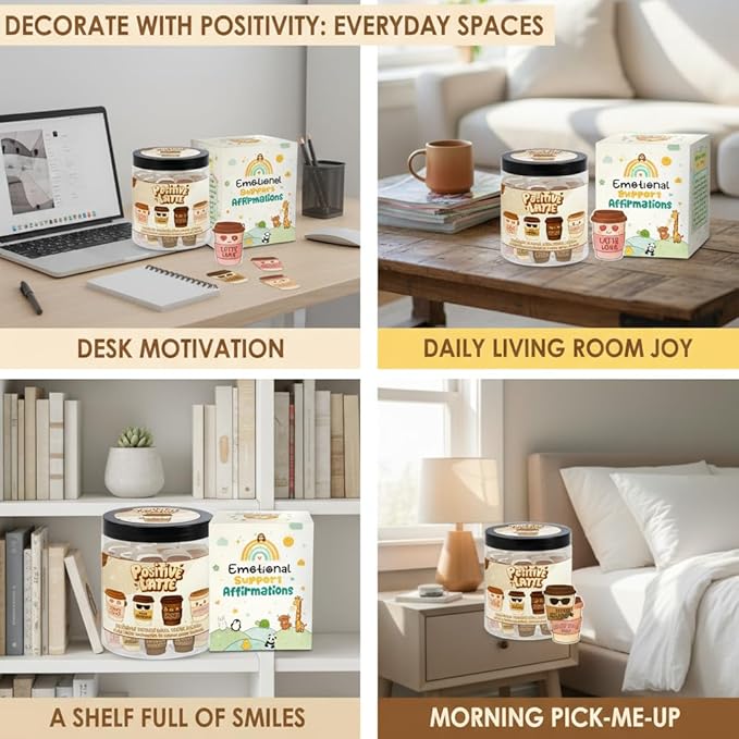 Positive Latte Jar with 60 Affirmation Cards, Emotional Support Latte Coffee, Funny Christmas Coffee Lover Themed Gift for Women, Men, Wife, Husband, Mom, Dad, Friends, Coworkers