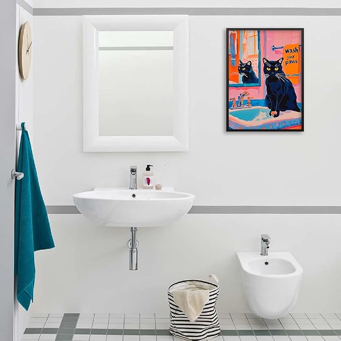 Black Cat Wash Your Paws Fun Wall Art Funky Colorful Bathroom Animal Poster Playful Kitsch Dopamine Aesthetic Canvas Pictures 08x10 inch Black Framed for Bathroom Wall Decor
