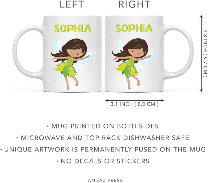 Andaz Press Personalized 11oz. Kids Milk Hot Chocolate Mug, Green Fairytale Princess, 1-Pack, Custom Child’s Birthday Christmas Coffee Cup