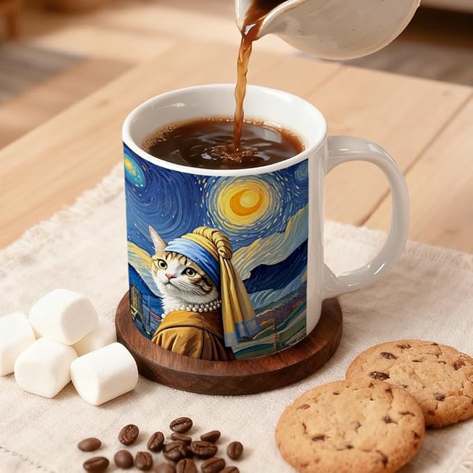 Famous Oil Painting Starry Night Cat Art Theme Double-Sided Ceramic Mug, Famous Art Parody Girl Cats Mug for Pet Lover, Kitty Lover Gifts for Women Friend, Christmas Birthday Gifts for Cat Mom