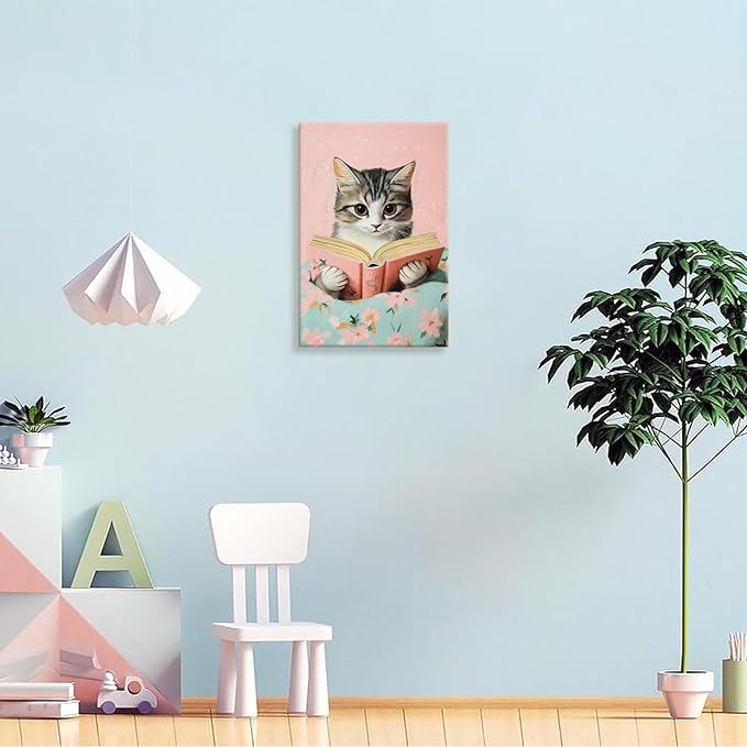 Vintage Cat In Bed Canvas Wall Art Funny Cute Cats Reading Books Poster Retro Pink Girls Room Pet Animal Aesthetic Prints Painting For Home Bedroom Kids Room Dorm Wall Decor 24x36in Framed