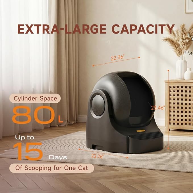 Open-Top Self-Cleaning Cat Litter Box,Automatic Cat Litter Box for Large & Multiple Cats Up to 33 lbs,App & Knob Control, Dual Sensors,Quiet Operation