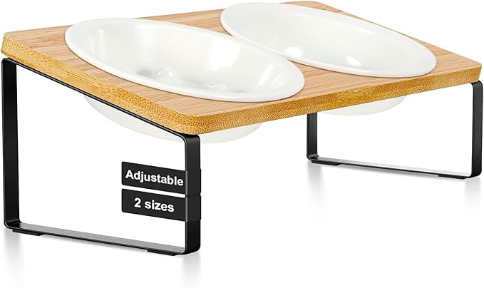 Upgraded Adjustable Height Cat Food Bowls Stand Ceramic Dog Bowls and Slow Feeder Cat Bowl, 15°Tilted Stand Anti Vomiting Raised for Small and Medium Sized Cats Dogs (White (2 Bowl+Pet mat))