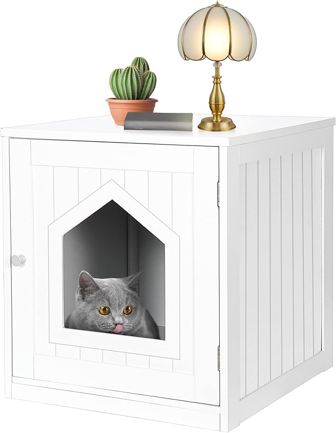 Litter Box Enclosure Cat Litter Box Furniture Hidden Litter Box Furniture Indoor Box Cabinet Cat House Side Table Nightstand (White)