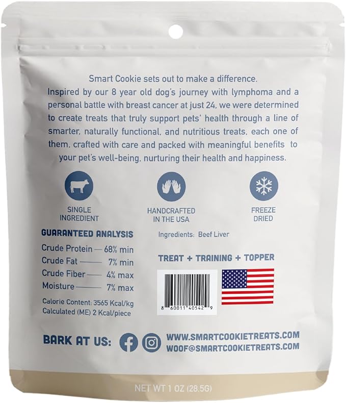 Smart Cookie Beef Liver Freeze Dried Cat Treats – Single Ingredient, High-Protein Snacks for Picky Cats – 100% Pure Beef Liver, No Fillers or Additives, Made in the USA – 1oz