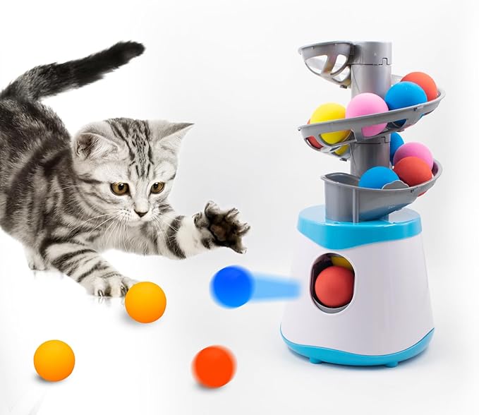 Automatic Cat Toy Ball Launcher with 16 EVA Bouncy Balls, Interactive Toys for Indoor Fetch Toy Machine for Playing Training