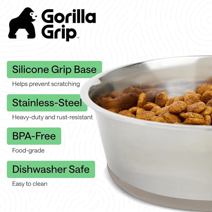 GORILLA GRIP Dog Bowls, Food Grade 304 Stainless Steel, Holds 6 Cups Each (48 fl oz) Food and Water Bowl for Feeding Dogs and Cats, Dishwasher Safe, Rust Resistant, BPA Free Rubber Base Set of 2 Beige