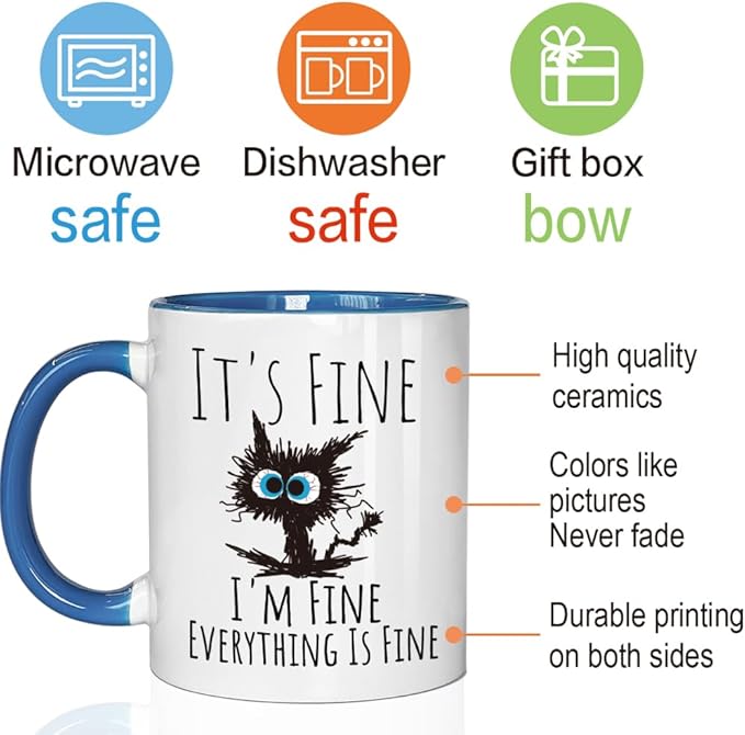 FALJIOK Funny Cat Coffee Mug Gifts for Cats Lover, It's Fine I'm Fine Everything Is Fines Coffee Mug 11oz, Novelty Mugs Gift for Women Man, Cats Lover Birthday Christmas Gifts (blue cat)